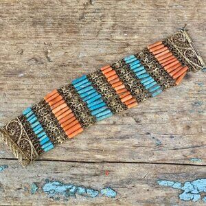 Brass Filigree Bracelet with Red and Blue Natural Beads